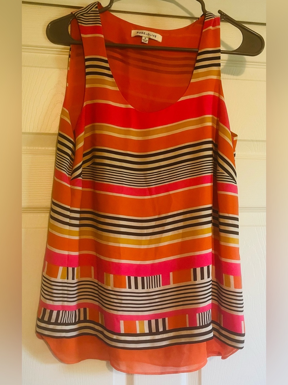 Small Rose & Olive Orange, Pink & Black Striped Sleeveless Top